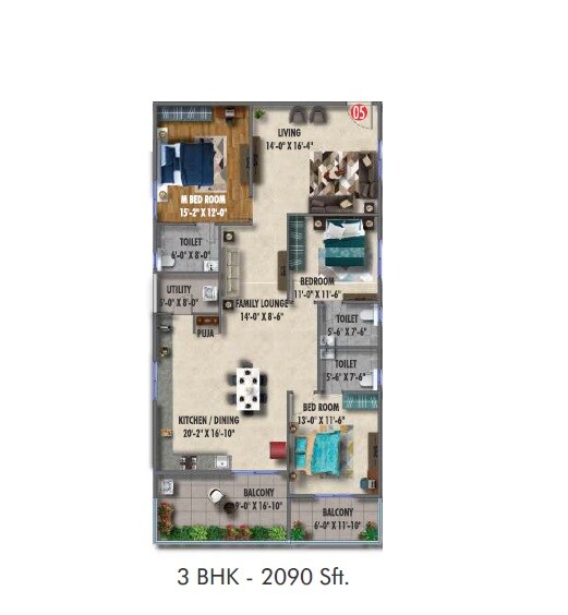 Floor plan of 3 BHK 2090 Sq. Ft. Apartment in Cadol Mysa, Hyderabad