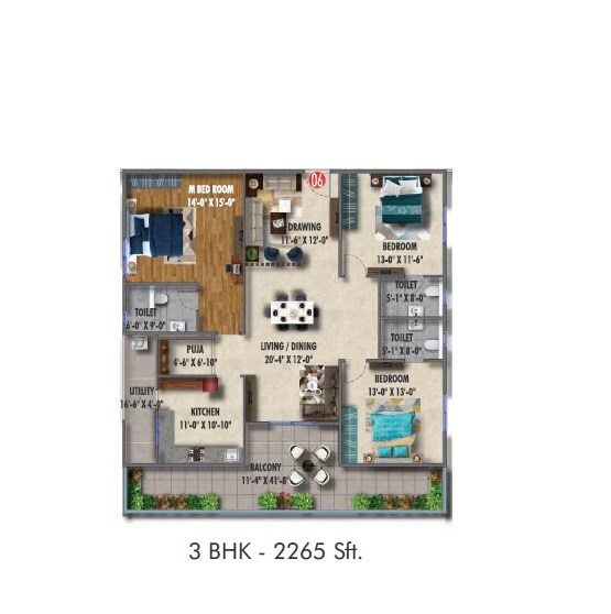 Floor plan of 3 BHK 2265 Sq. Ft. Apartment in Cadol Mysa, Hyderabad