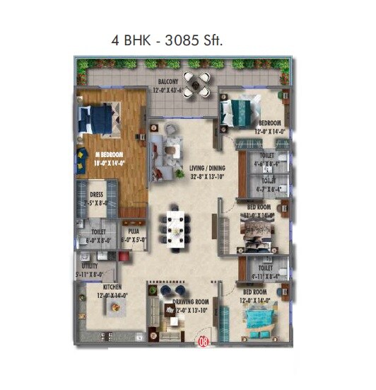 Floor plan of 4 BHK 3085 Sq. Ft. Apartment in Cadol Mysa, Hyderabad