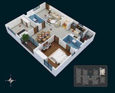 Floor plan of 2 BHK 1170 Sq. Ft. Apartment in Candeur 40, Hyderabad