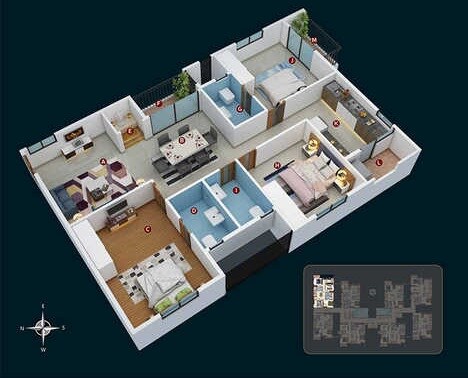 Floor plan of 3 BHK 1406 Sq. Ft. Apartment in Candeur 40, Hyderabad
