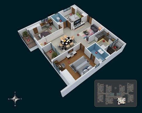 Floor plan of 3 BHK 1610 Sq. Ft. Apartment in Candeur 40, Hyderabad