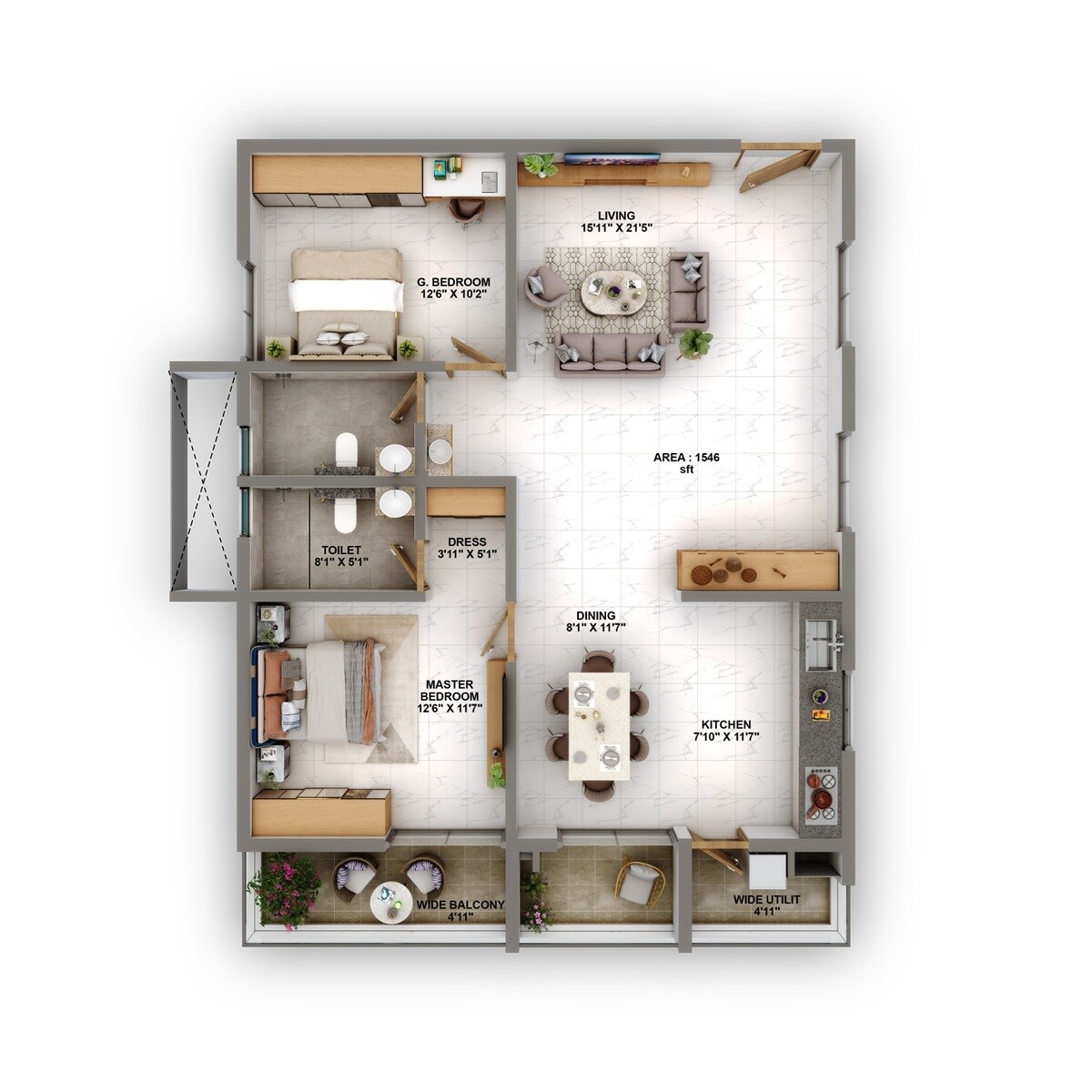 Floor plan of 2 BHK 1546 Sq. Ft. Apartment in Candeur Eternia, Hyderabad