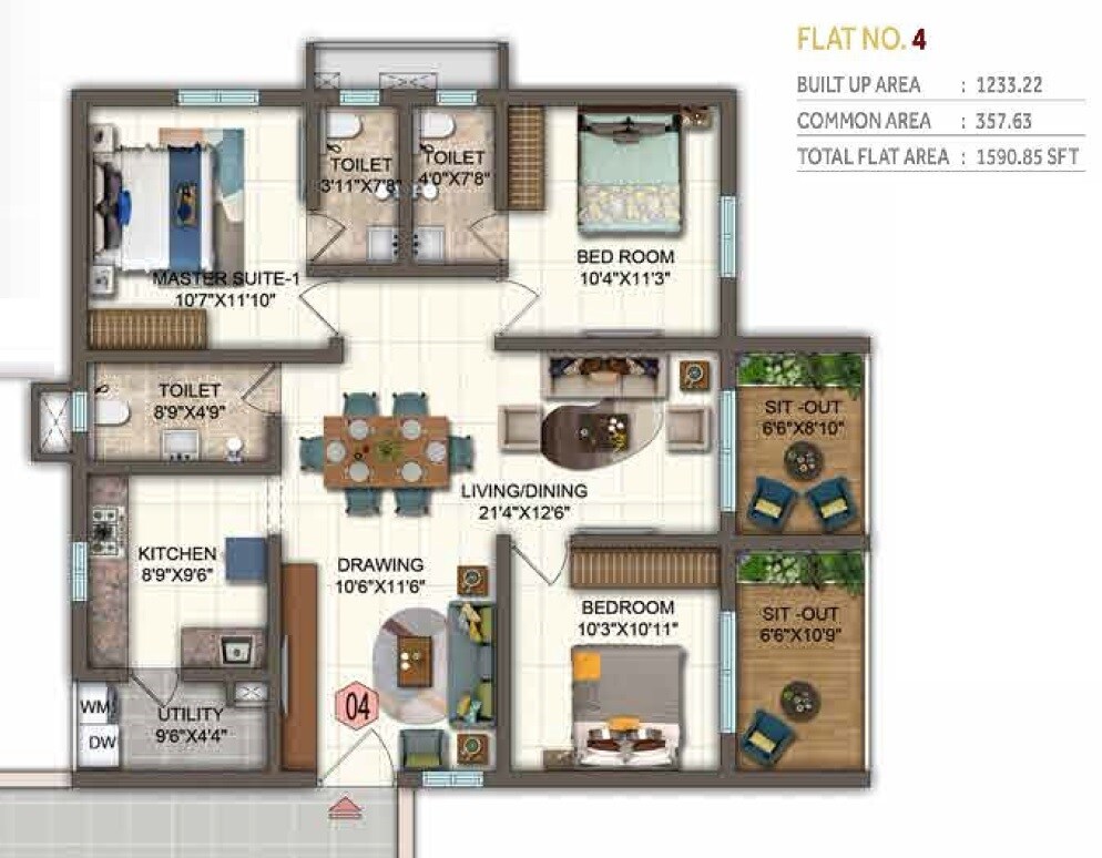 Floor plan of 3 BHK 1591 Sq. Ft. Apartment in Candeur Twins, Hyderabad
