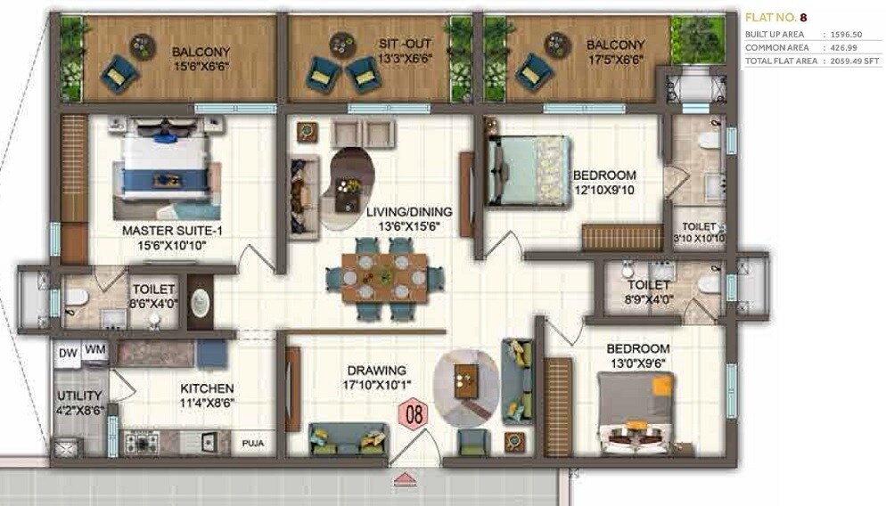 Floor plan of 3 BHK 2060 Sq. Ft. Apartment in Candeur Twins, Hyderabad