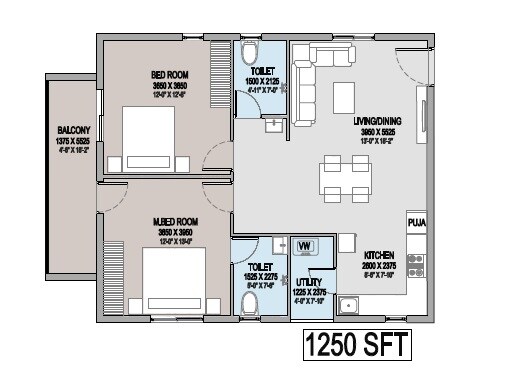 Floor plan of 2 BHK 1250 Sq. Ft. Apartment in Canny Aravindam, Hyderabad
