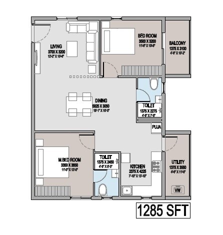Floor plan of 2 BHK 1285 Sq. Ft. Apartment in Canny Aravindam, Hyderabad