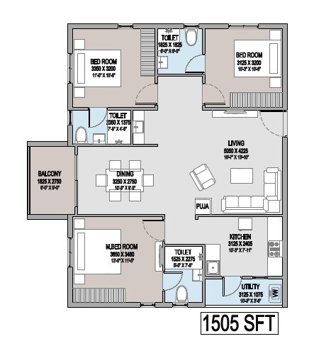 Floor plan of 3 BHK 1505 Sq. Ft. Apartment in Canny Aravindam, Hyderabad