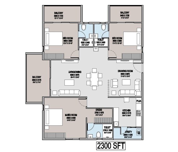 Floor plan of 3 BHK 2300 Sq. Ft. Apartment in Canny Aravindam, Hyderabad