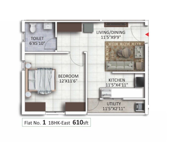 Floor plan of 1 BHK 610 Sq. Ft. Apartment in Canny Bondada Park Edge, Hyderabad