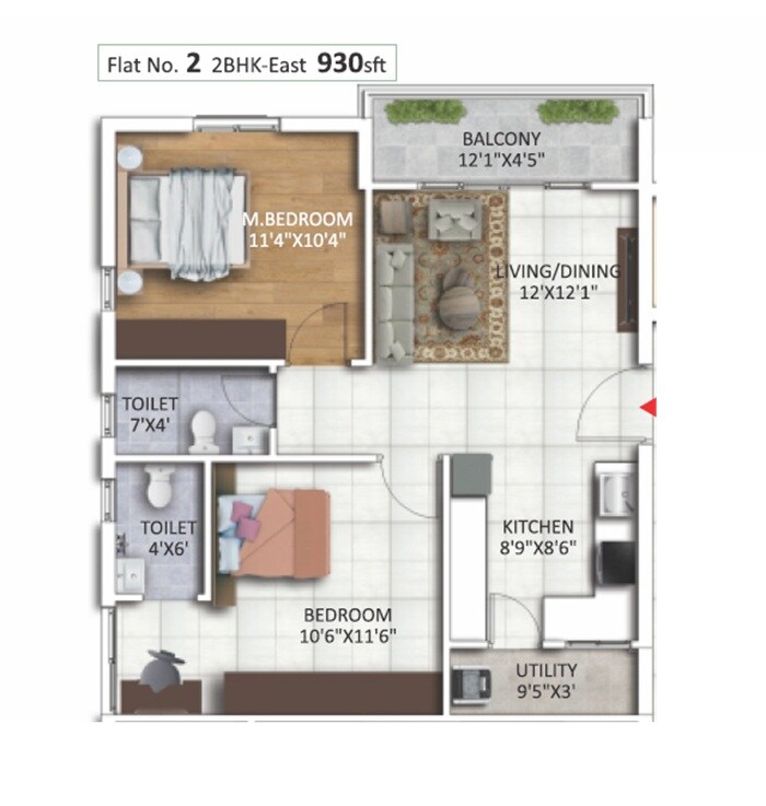 Floor plan of 2 BHK 930 Sq. Ft. Apartment in Canny Bondada Park Edge, Hyderabad