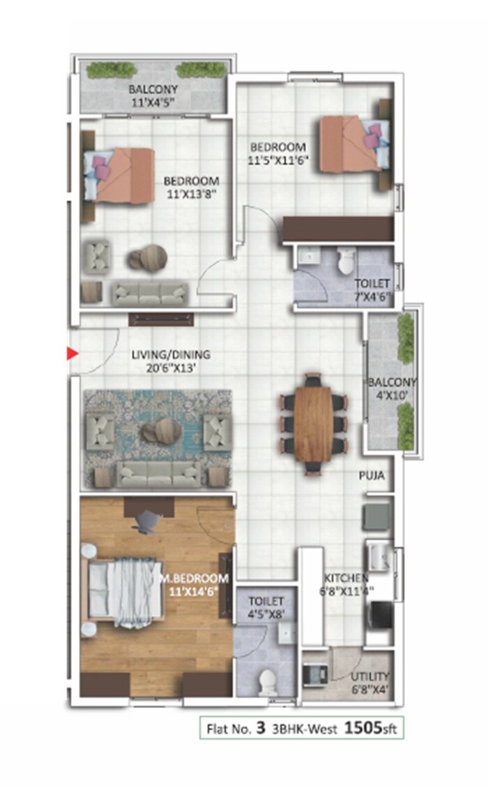 Floor plan of 3 BHK 1505 Sq. Ft. Apartment in Canny Bondada Park Edge, Hyderabad