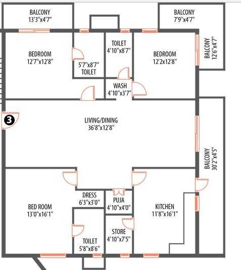 Floor plan of 3 BHK 2119 Sq. Ft. Apartment in Casa Rouge, Hyderabad