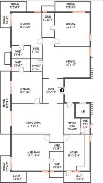 Floor plan of 4 BHK 3910 Sq. Ft. Apartment in Casa Rouge, Hyderabad
