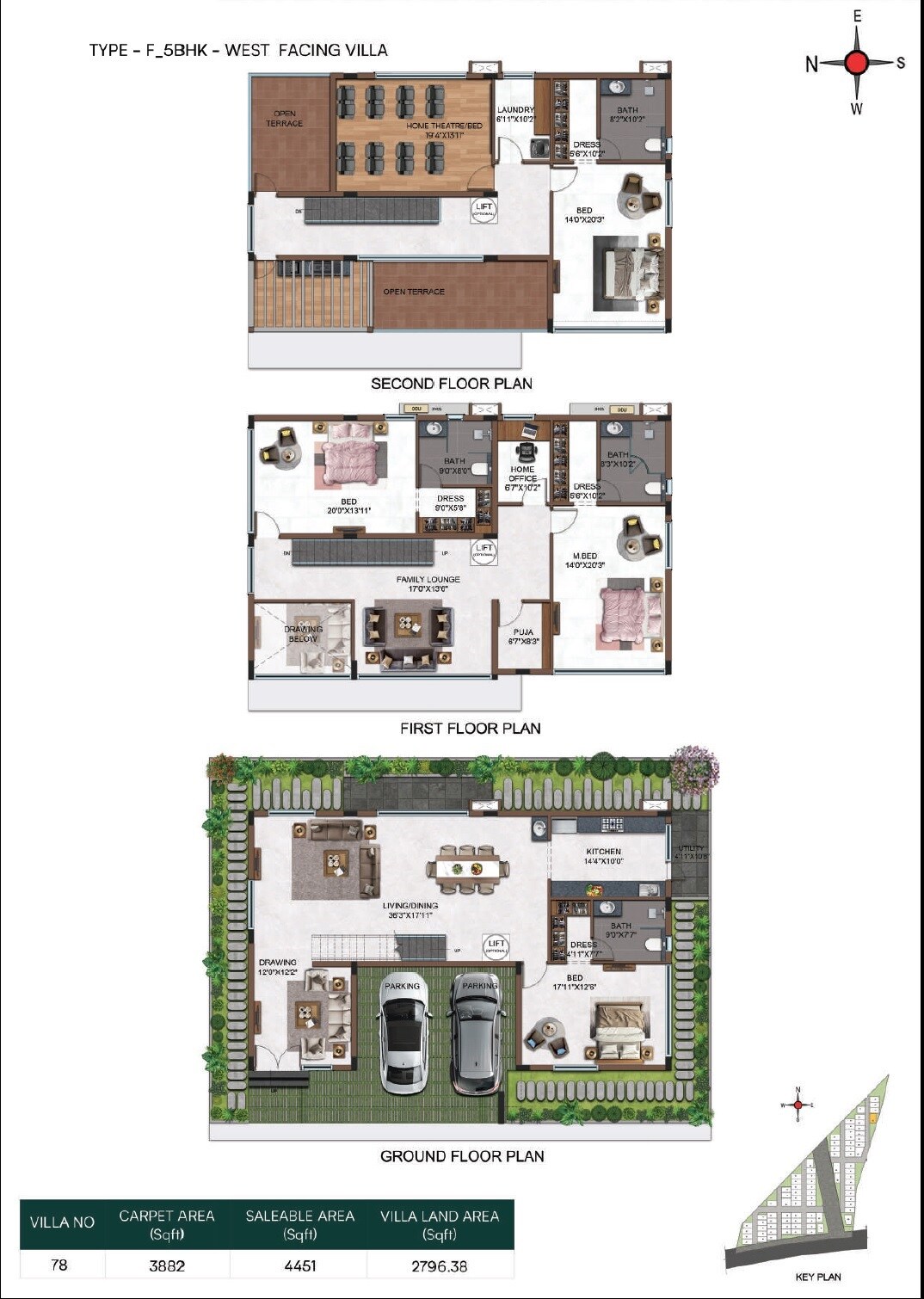 Floor plan of 4 BHK 4451 Sq. Ft. Villa in Casagrand Belair, Hyderabad