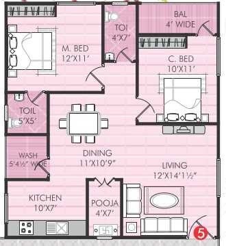 Floor plan of 2 BHK 1017 Sq. Ft. Apartment in Celebrity Homes, Hyderabad