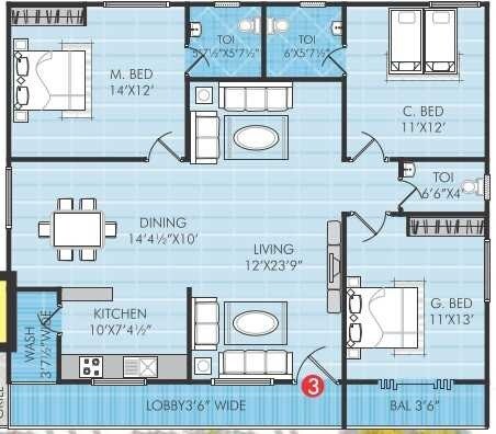 Floor plan of 3 BHK 1636 Sq. Ft. Apartment in Celebrity Homes, Hyderabad