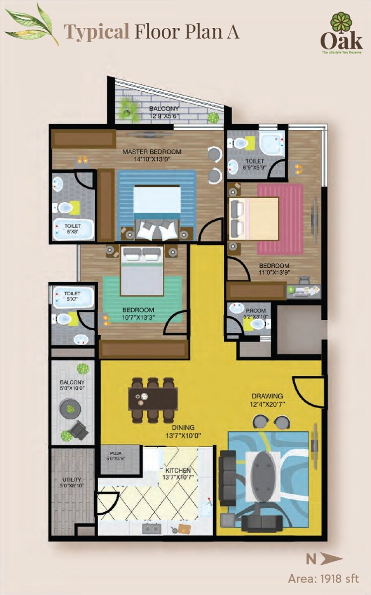 Floor plan of 3 BHK 1918 Sq. Ft. Apartment in Celebrity Prime Oaks, Hyderabad