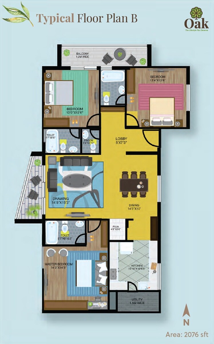 Floor plan of 3 BHK 2076 Sq. Ft. Apartment in Celebrity Prime Oaks, Hyderabad