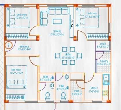 Floor plan of 3 BHK 1531 Sq. Ft. Apartment in Celebrity Prime Uber Heights, Hyderabad