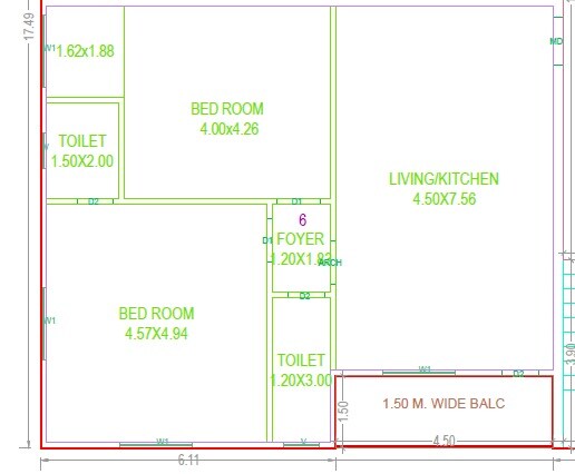 Floor plan of 2 BHK 1159 Sq. Ft. Apartment in CH Ramarao Nivas, Hyderabad