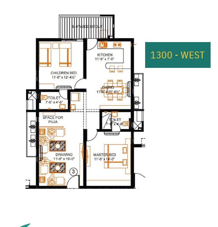 Floor plan of 2 BHK 1300 Sq. Ft. Apartment in Chidrupi Towers, Hyderabad