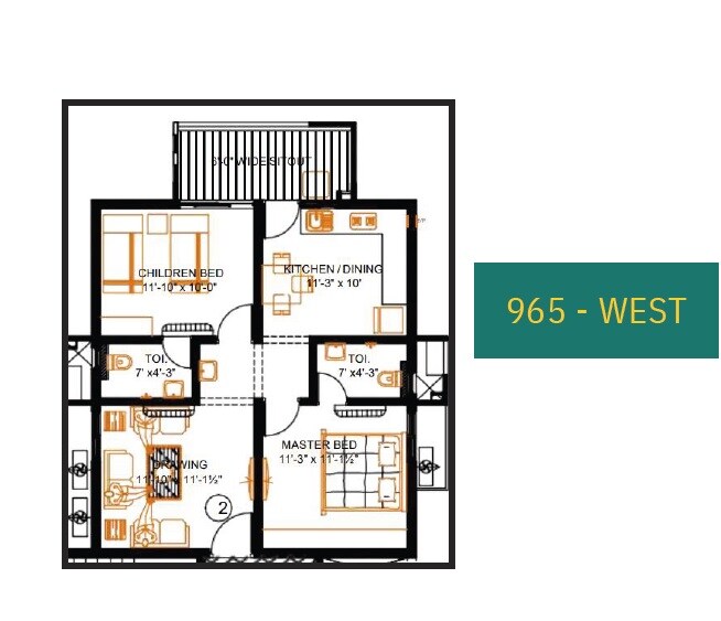 Floor plan of 2 BHK 965 Sq. Ft. Apartment in Chidrupi Towers, Hyderabad