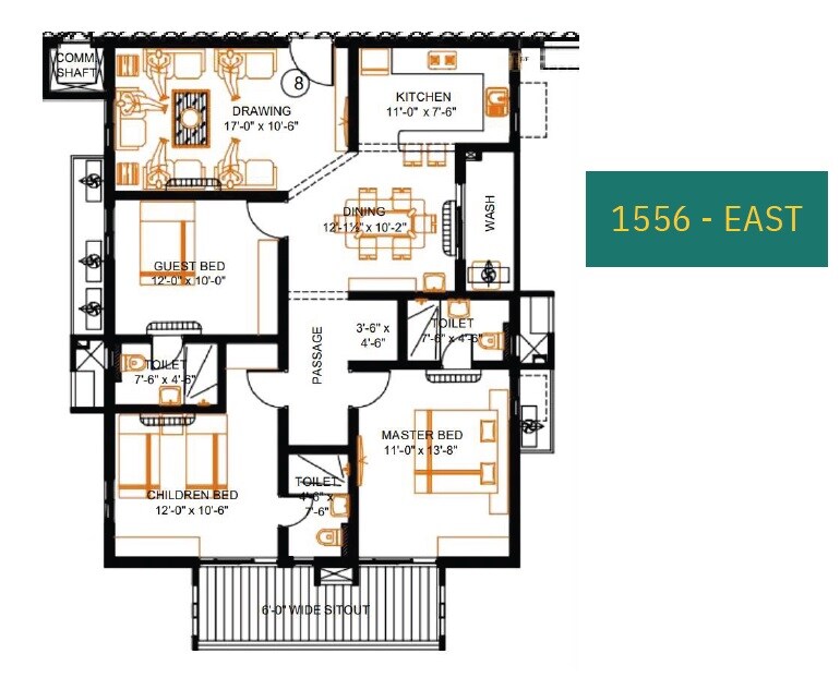 Floor plan of 3 BHK 1556 Sq. Ft. Apartment in Chidrupi Towers, Hyderabad