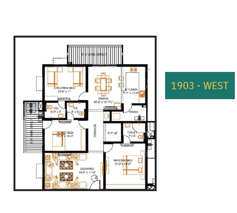 Floor plan of 3 BHK 1903 Sq. Ft. Apartment in Chidrupi Towers, Hyderabad