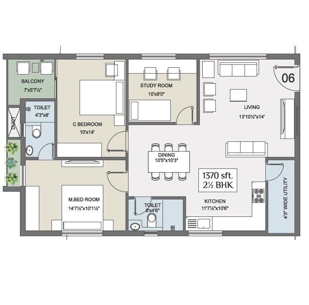 Floor plan of 2 BHK 1370 Sq. Ft. Apartment in Chilcon Mayan, Hyderabad