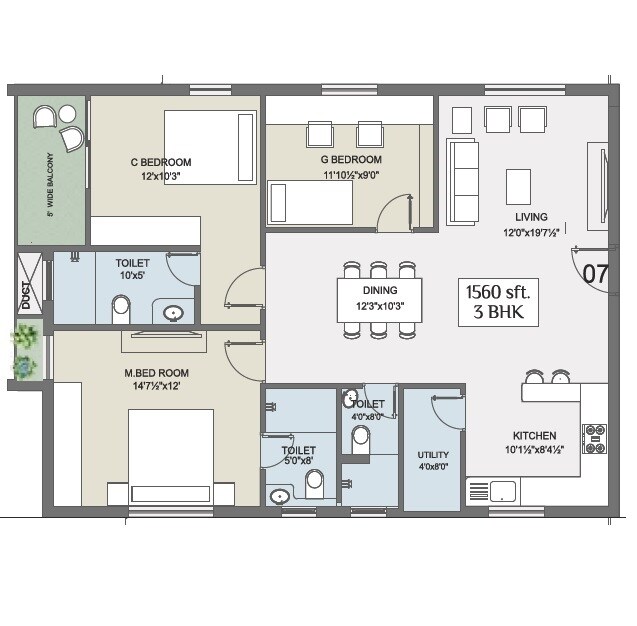 Floor plan of 3 BHK 1560 Sq. Ft. Apartment in Chilcon Mayan, Hyderabad