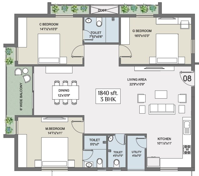 Floor plan of 3 BHK 1840 Sq. Ft. Apartment in Chilcon Mayan, Hyderabad
