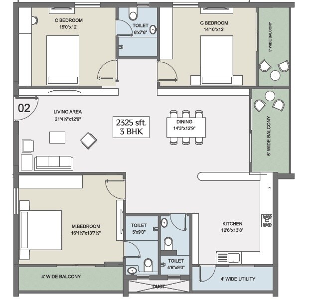 Floor plan of 3 BHK 2325 Sq. Ft. Apartment in Chilcon Mayan, Hyderabad