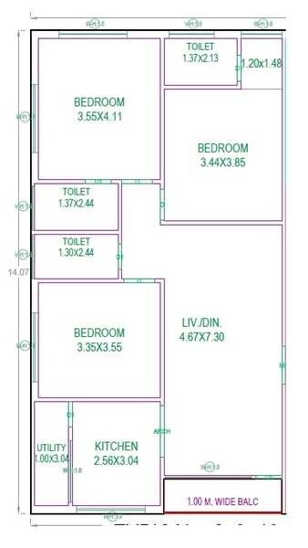 Floor plan of 3 BHK 1525 Sq. Ft. Apartment in Chitraapuri Sri Kamakshi Nilayam, Hyderabad