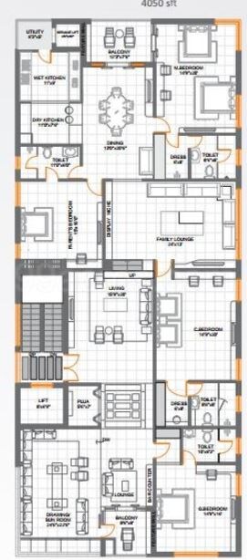 Floor plan of 4 BHK 4050 Sq. Ft. Apartment in Choice N 95, Hyderabad