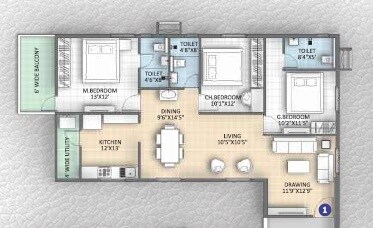Floor plan of 3 BHK 1728 Sq. Ft. Apartment in Cluster Chidhvilasam, Hyderabad