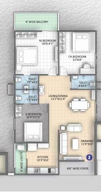 Floor plan of 3 BHK 1877 Sq. Ft. Apartment in Cluster Chidhvilasam, Hyderabad