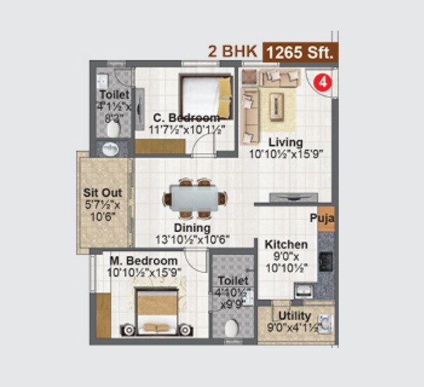 Floor plan of 2 BHK 1265 Sq. Ft. Apartment in Concrete Avasa, Hyderabad