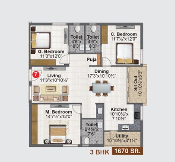 Floor plan of 3 BHK 1670 Sq. Ft. Apartment in Concrete Avasa, Hyderabad