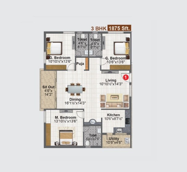 Floor plan of 3 BHK 1875 Sq. Ft. Apartment in Concrete Avasa, Hyderabad