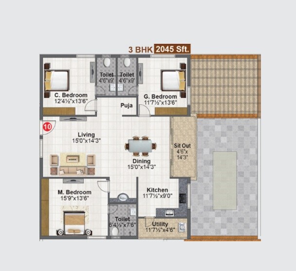 Floor plan of 3 BHK 2045 Sq. Ft. Apartment in Concrete Avasa, Hyderabad