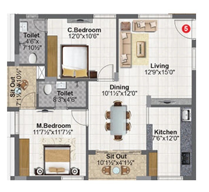 Floor plan of 2 BHK 1200 Sq. Ft. Apartment in Concrete Vivanta, Hyderabad