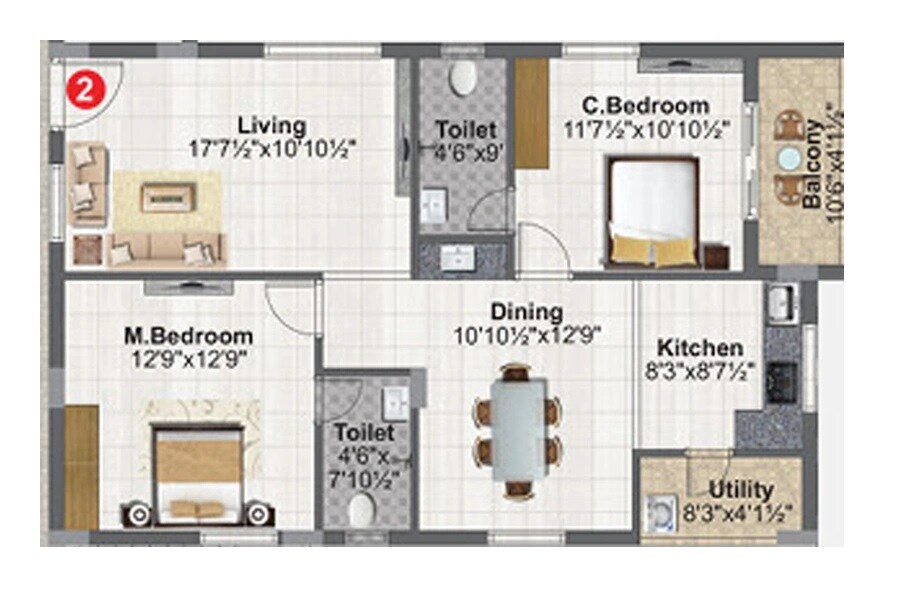 Floor plan of 2 BHK 1315 Sq. Ft. Apartment in Concrete Vivanta, Hyderabad