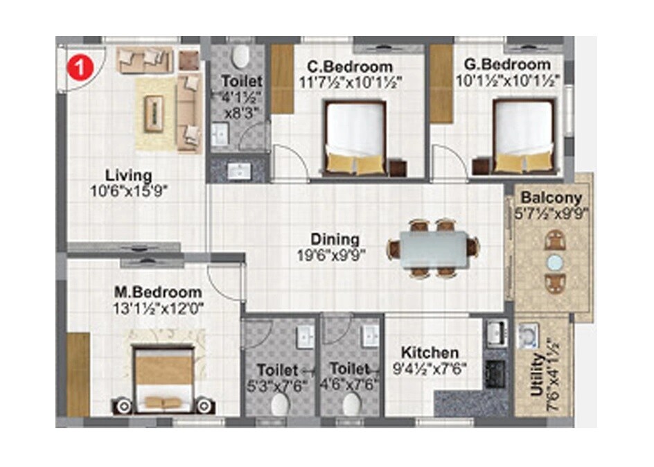 Floor plan of 3 BHK 1525 Sq. Ft. Apartment in Concrete Vivanta, Hyderabad