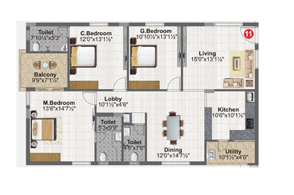 Floor plan of 3 BHK 1880 Sq. Ft. Apartment in Concrete Vivanta, Hyderabad