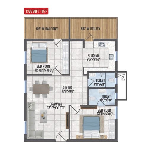 Floor plan of 2 BHK 1335 Sq. Ft. Apartment in Confident Ridge, Hyderabad