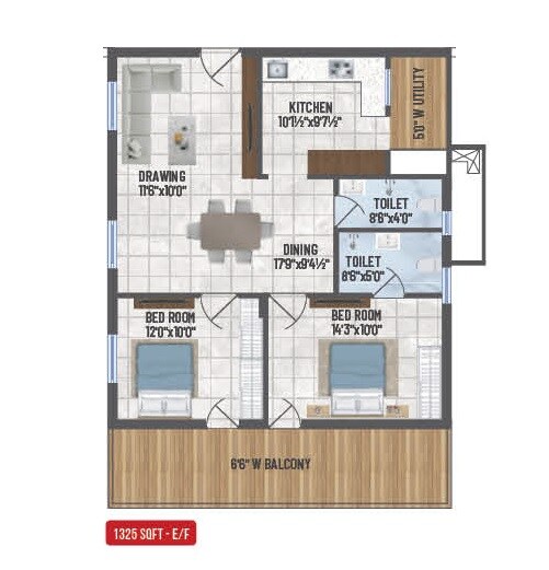 Floor plan of 2 BHK 1325 Sq. Ft. Apartment in Confident Ridge, Hyderabad