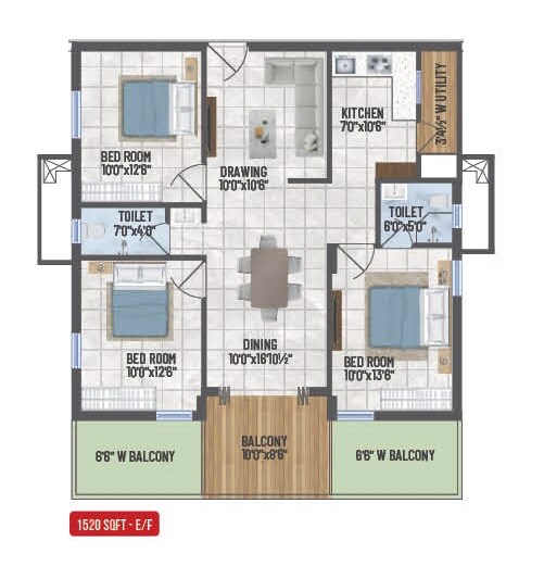 Floor plan of 3 BHK 1520 Sq. Ft. Apartment in Confident Ridge, Hyderabad