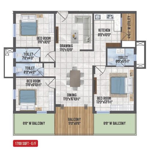 Floor plan of 3 BHK 1700 Sq. Ft. Apartment in Confident Ridge, Hyderabad