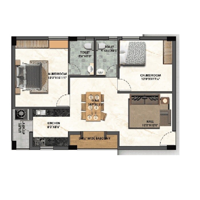Floor plan of 2 BHK 1250 Sq. Ft. Apartment in Cozy Essence Abhikhya, Hyderabad